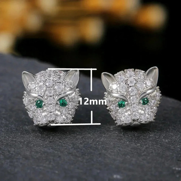 925 Sterling Silver Diamond Leopard Panther Cat Stud Earrings - Picture 6 of 7